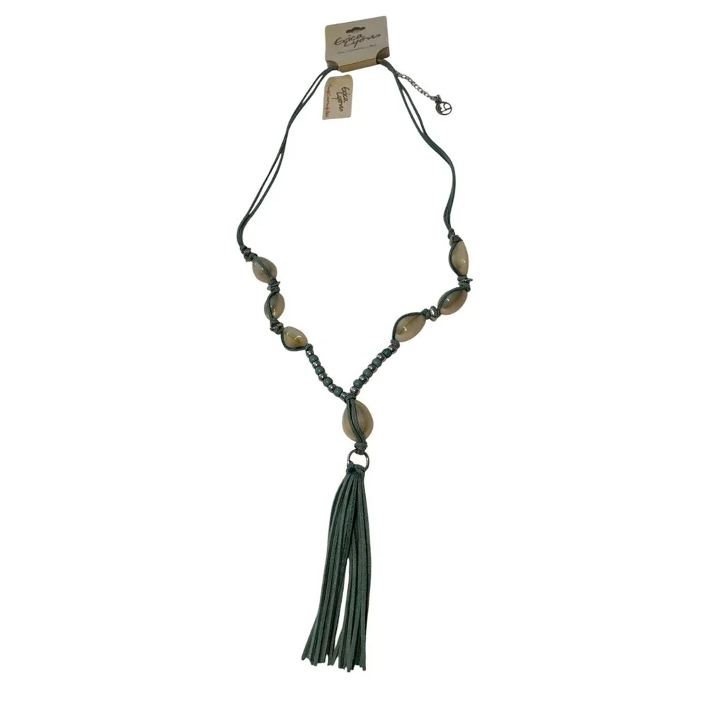 Erica Lyons Shell Necklace Green Corded Tassel Pendent Braided Boho Beach Resort